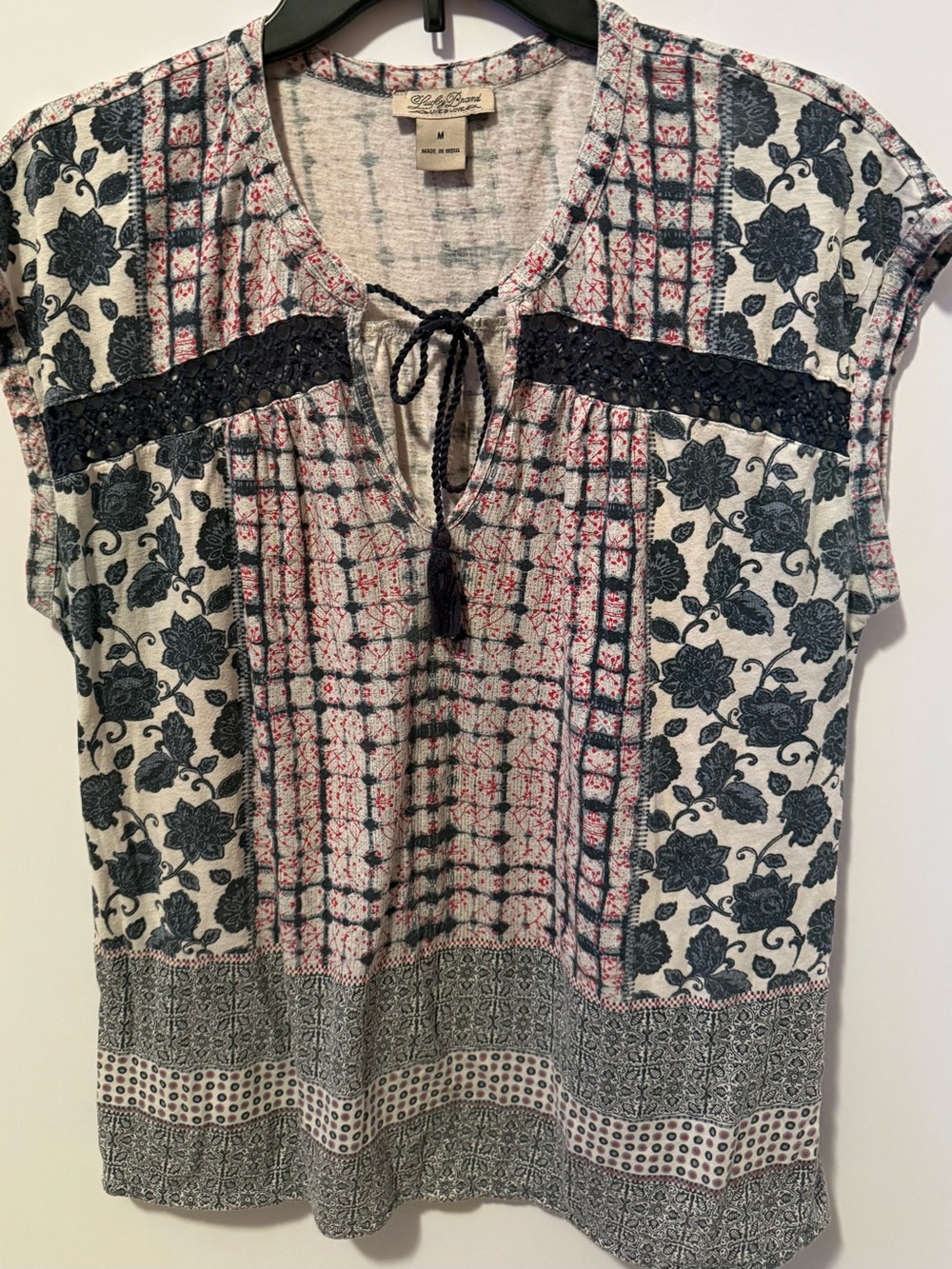 Lucky Brand Navy and Cream Floral Patchwork Tie-Front Tunic